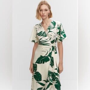 Mango Cream and Green Leaf Print Midi Dress
